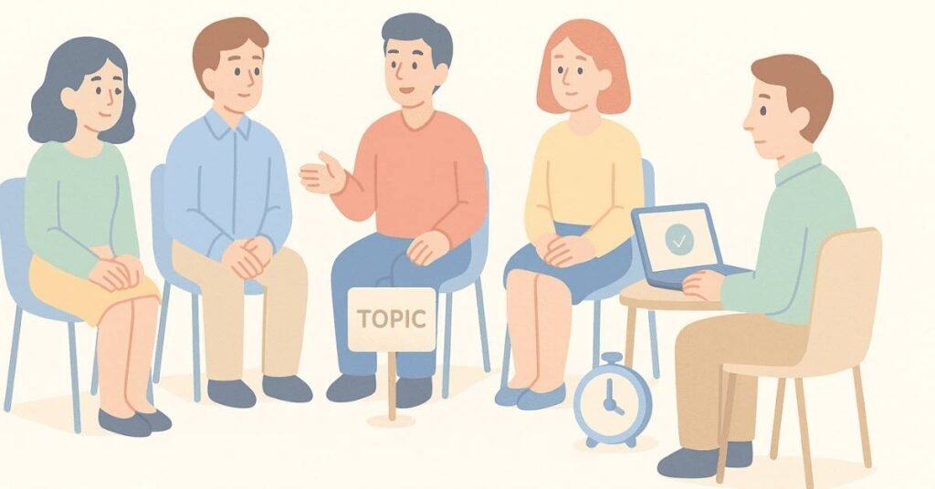 Students practicing a mock group discussion in a structured environment.