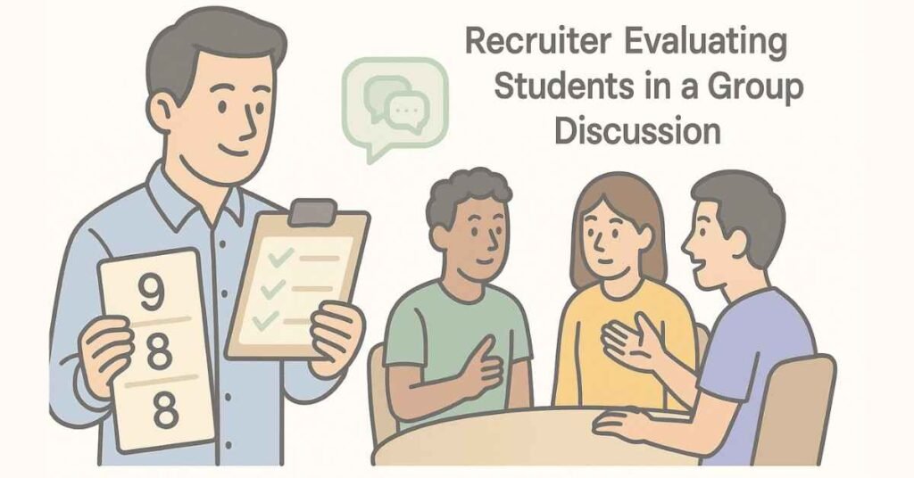 Illustration of recruiter evaluating GD performance using an assessment checklist.