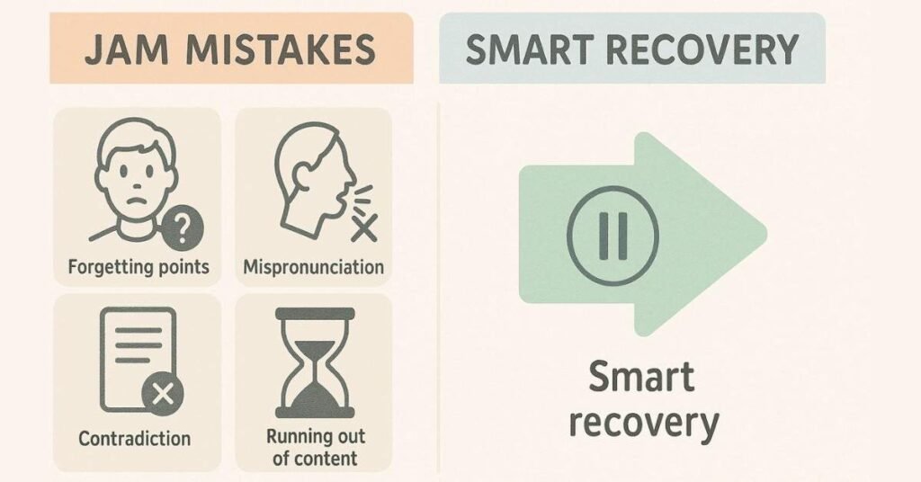 Graphic comparing common JAM mistakes with correct recovery responses.