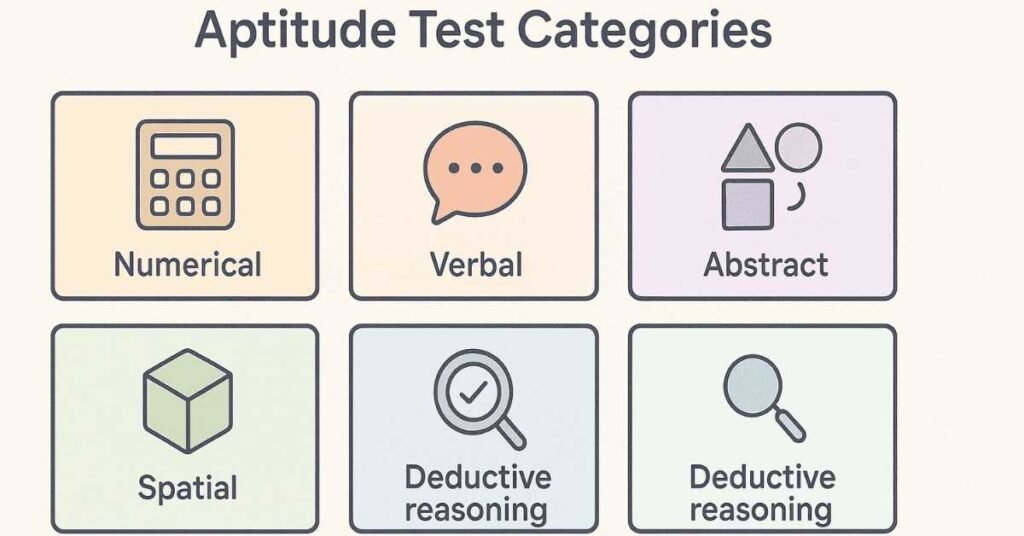 Visual representing five types of aptitude and reasoning assessments.