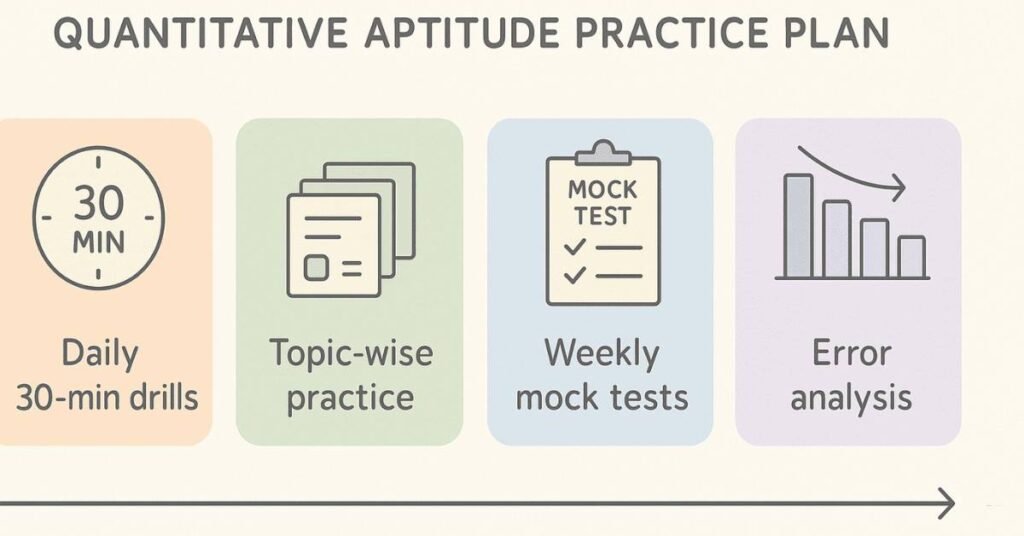 Infographic showing structured daily and weekly practice plan for quantitative aptitude