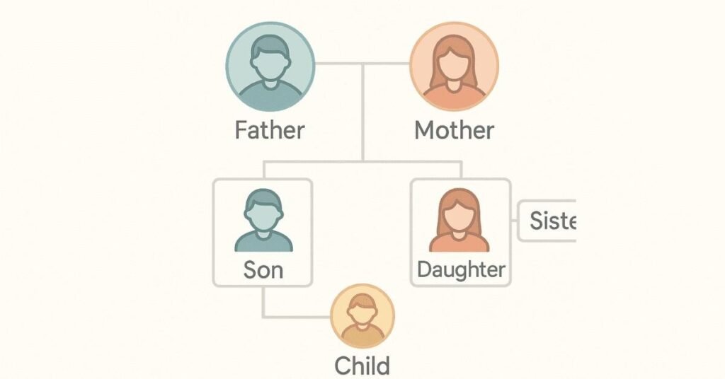 Family tree visual showing relationships used in blood relation problems.