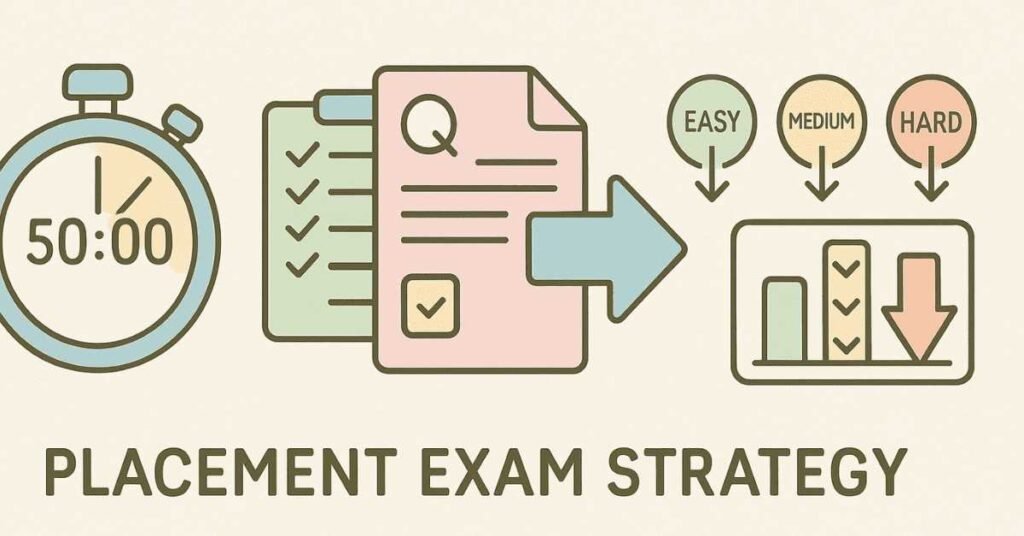 Header visual showing placement exam strategy with timer, checklist, and question prioritization.