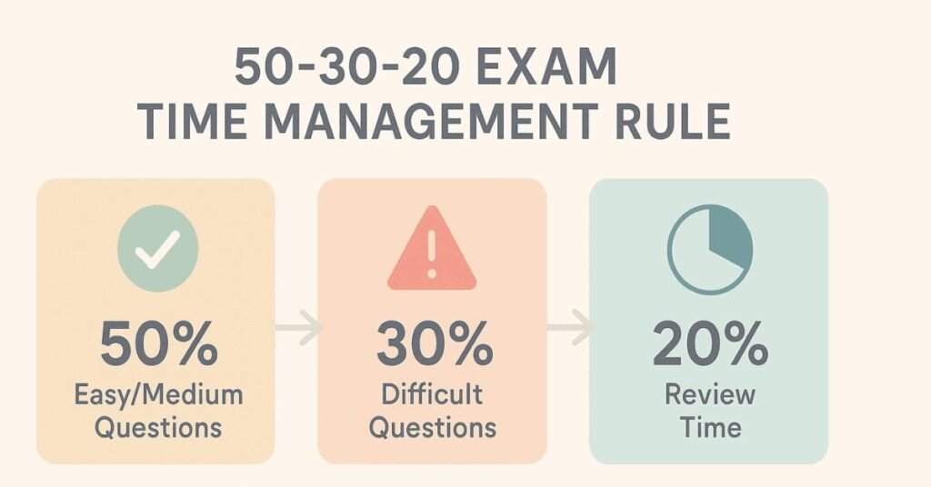 Infographic illustrating the 50-30-20 time management rule for placement exams.