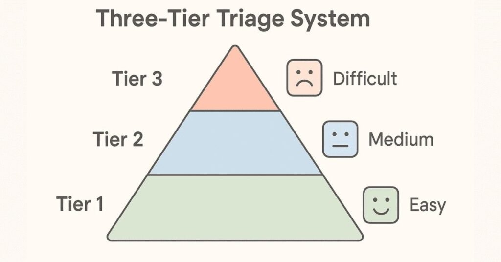 Visual representation of the Tier 1, Tier 2, Tier 3 question triage system for prioritizing exam questions.