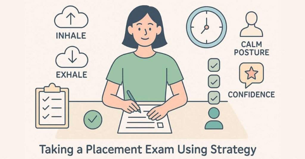 Illustration of a student managing stress and executing a structured exam plan during a placement test.