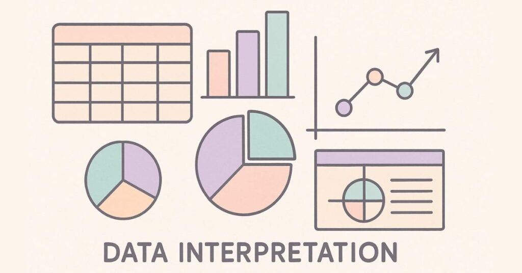 Illustration showing multiple data formats like table, bar chart, pie chart, and line graph used in data interpretation.