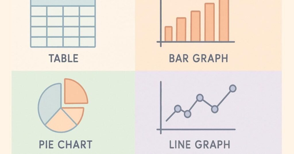 Four-block visual showing major data interpretation formats: tables, bar graphs, pie charts, line graphs.