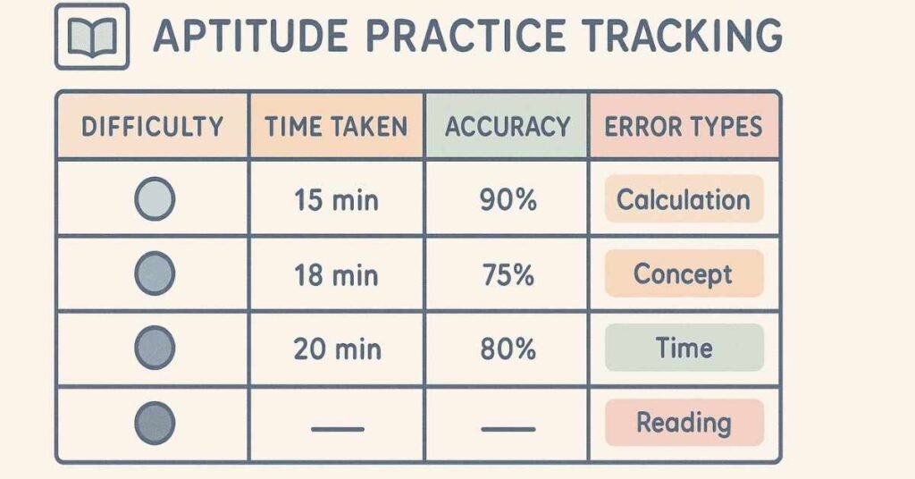 Visual of a topic-wise aptitude practice tracking sheet with accuracy and error types.