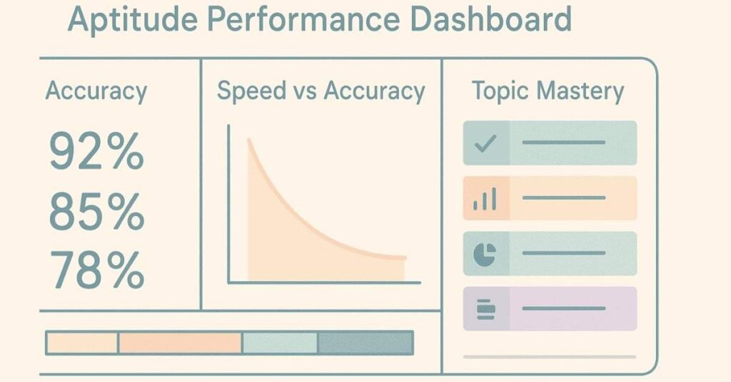 Dashboard visual showing accuracy, speed, and topic mastery metrics for aptitude preparation.