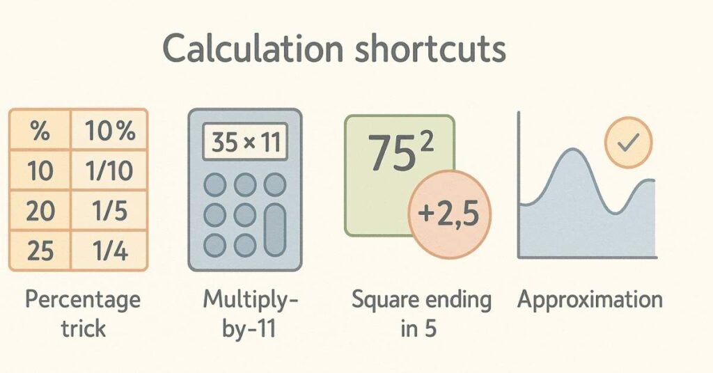 Visual showing calculation shortcuts such as percentage tricks and multiply-by-11 method.