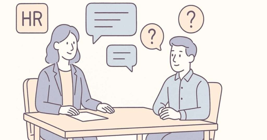 HR interview illustration with interviewer and candidate sitting across a table