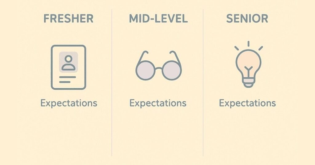 Fresher vs Mid-Level vs Senior HR expectations infographic