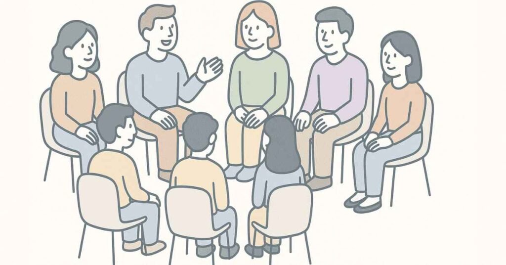 Students participating in a round-table group discussion during campus selection.