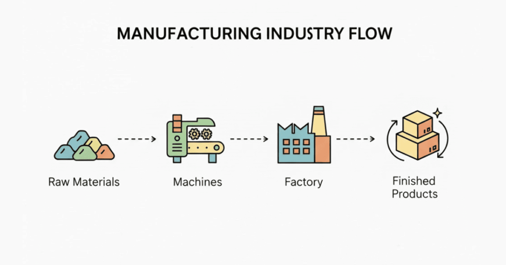 manufacturing industry process from raw materials to finished products illustrated simply