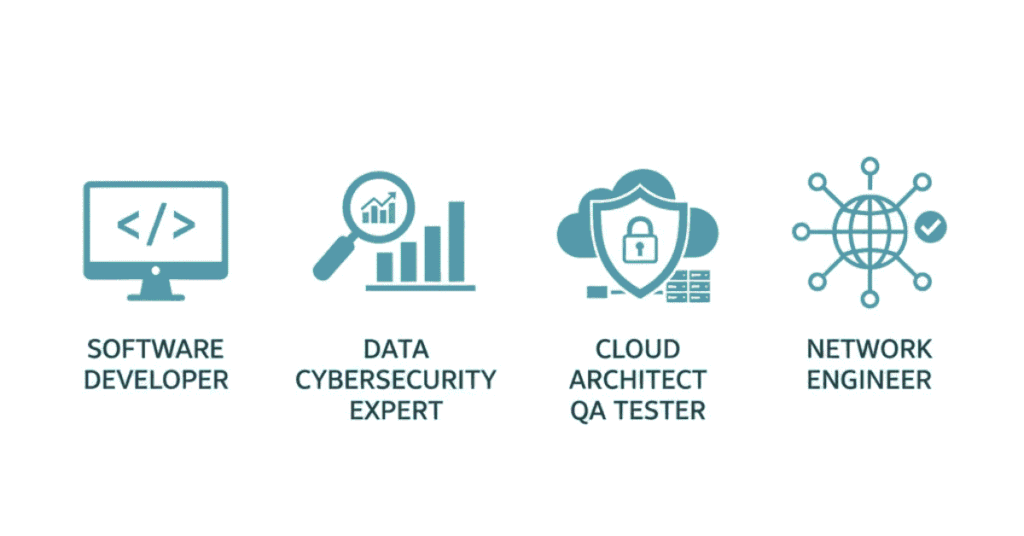 Different IT career roles like software, data, cloud, cybersecurity