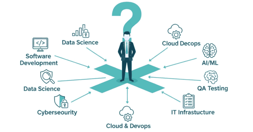 Overview of IT career paths and specializations including software, data, cloud, and cybersecurity.