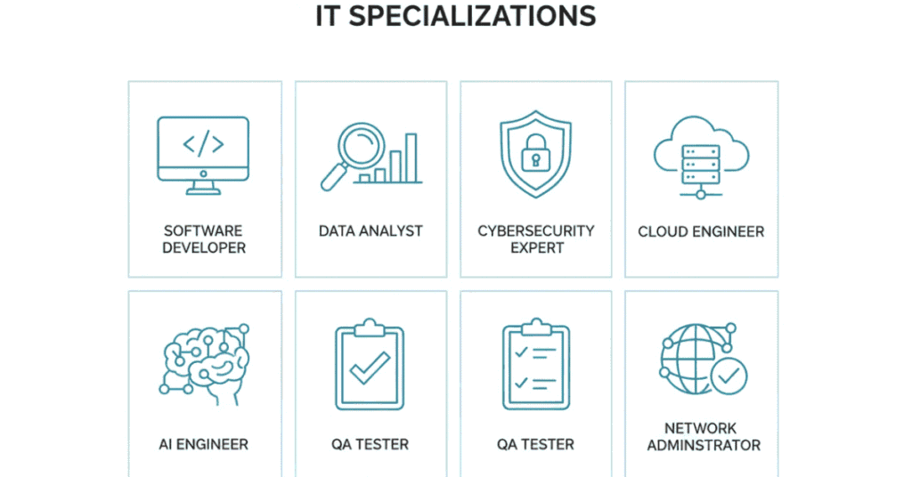 Complete list of IT specializations and roles for beginners exploring tech careers.