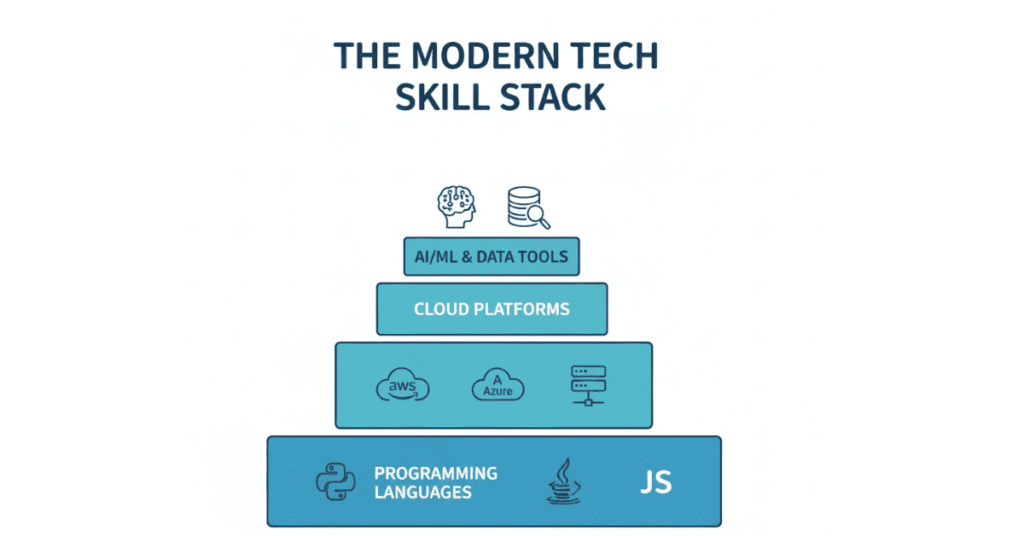 Core technical skill stack for IT professionals including programming, cloud, AI, and data tools.