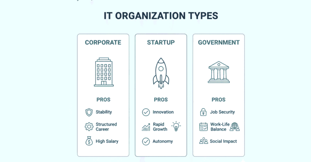Comparison of corporate, startup, and government IT job opportunities in India.