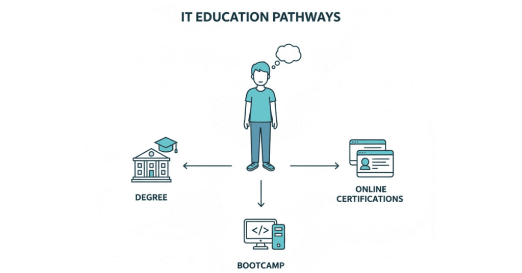 IT career education choices including degree, bootcamp, and online certifications.