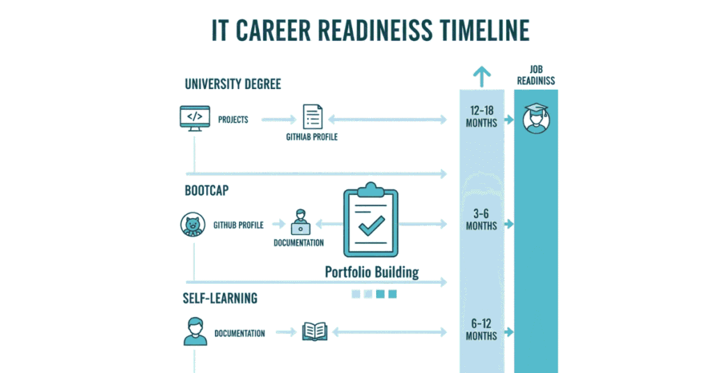 IT portfolio building and realistic timelines to get a job through different learning paths.
