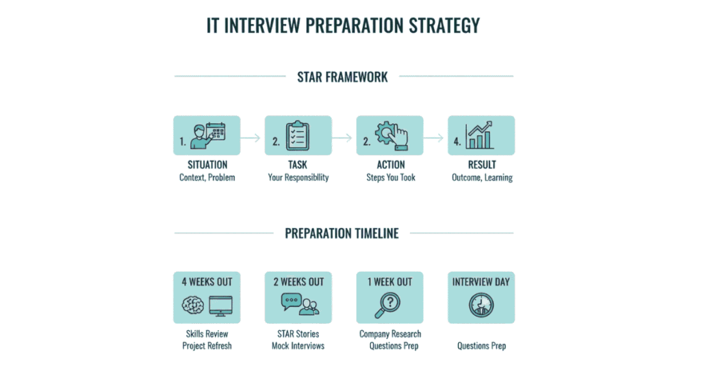 Behavioral interview preparation using STAR method and interview preparation timeline.