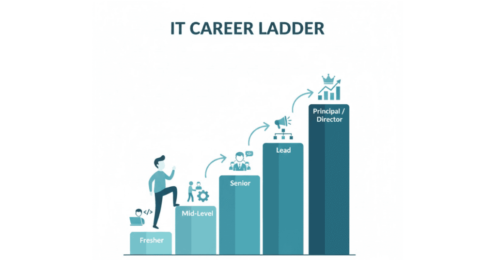 IT career growth timeline from fresher to senior, lead, and leadership roles.