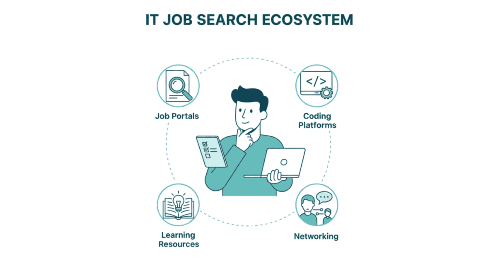 IT career resources and next steps including job portals, learning platforms, and networking.