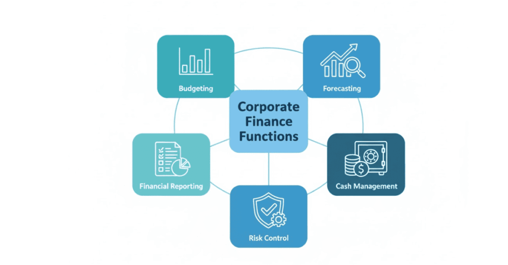 Core corporate finance functions including FP&A, treasury, accounting, and risk management.