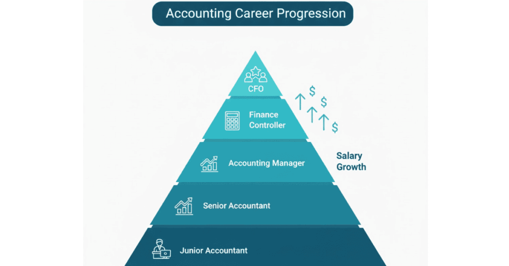 Accounting career progression from junior accountant to CFO with salary growth.