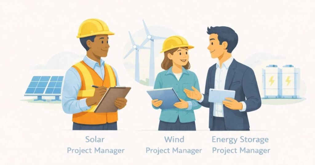 Different PM roles in solar, wind, energy storage