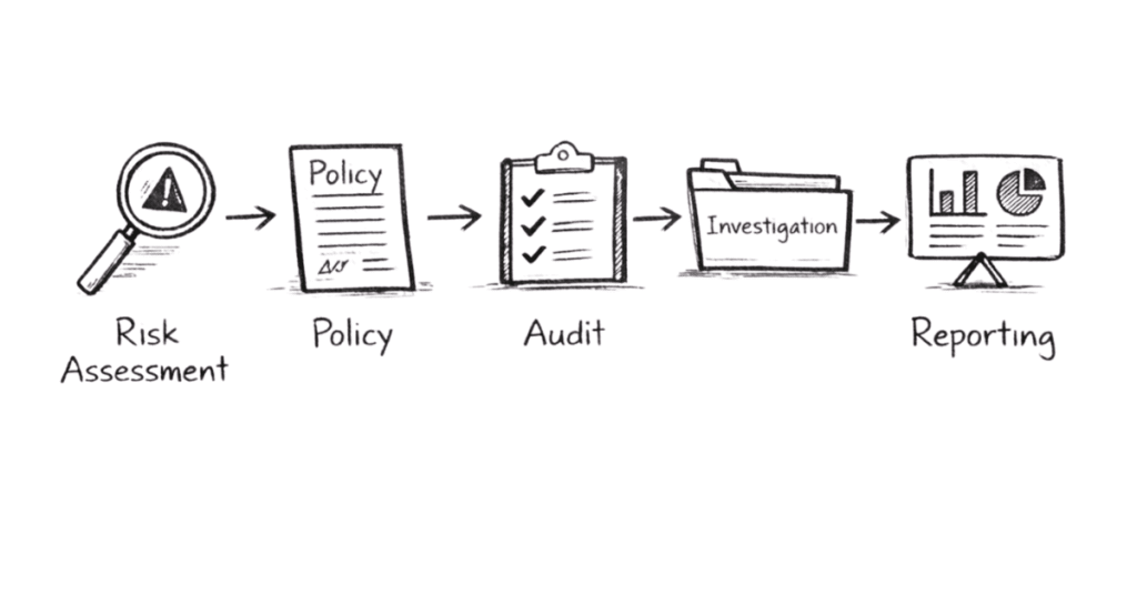 Napkin sketch explaining compliance officer responsibilities including risk assessment, policy development, audits and reporting