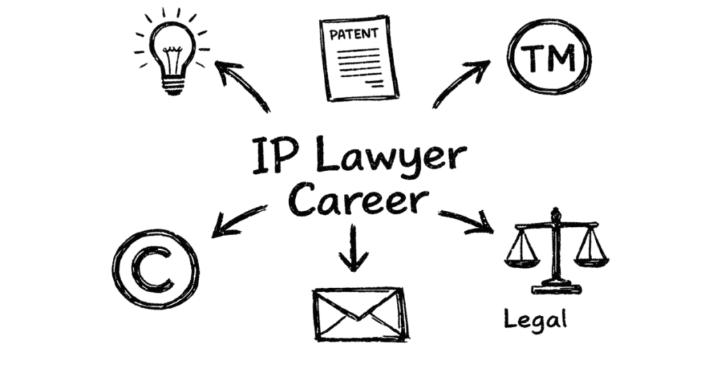 Napkin style illustration explaining intellectual property law career with patent, trademark and copyright icons