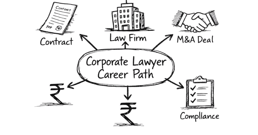 Napkin style corporate lawyer career roadmap showing contracts, M&A deals, compliance and salary growth