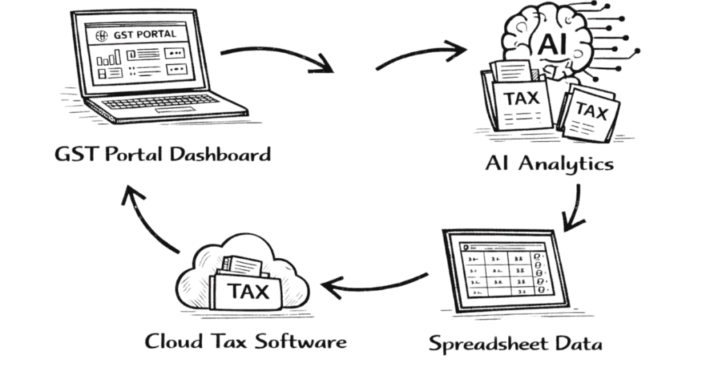 Napkin sketch explaining technology used in tax law including GST portals, AI tax analysis and digital tax compliance tools