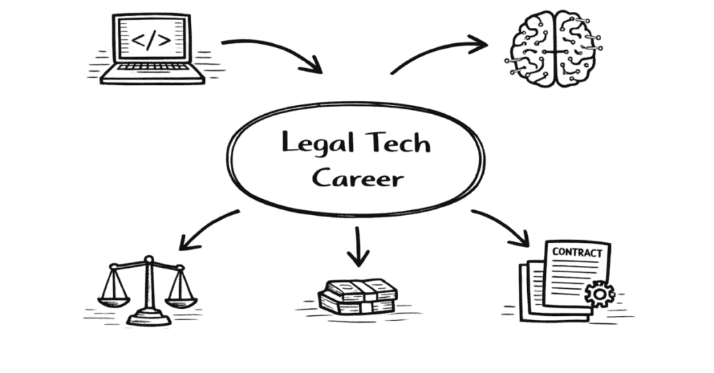 Napkin style illustration explaining legal tech career combining law, AI and technology