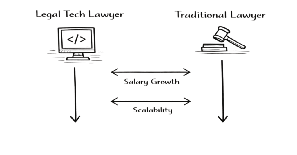 Napkin style comparison between legal tech career and traditional lawyer career showing tech-driven opportunities