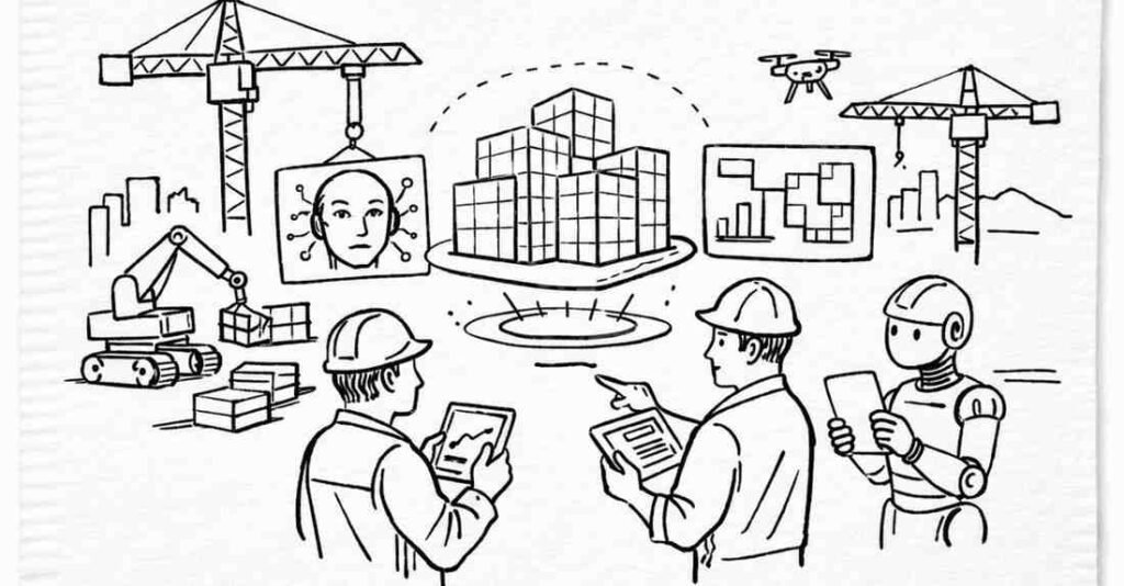 Smart construction site with AI, robots, BIM screens