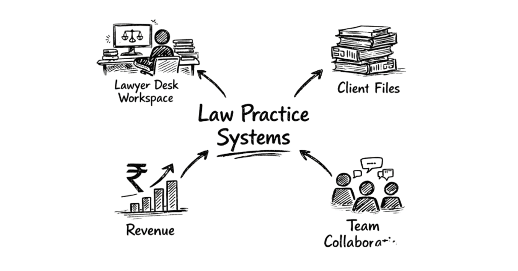 Napkin style illustration explaining law practice management systems for scaling legal firms
