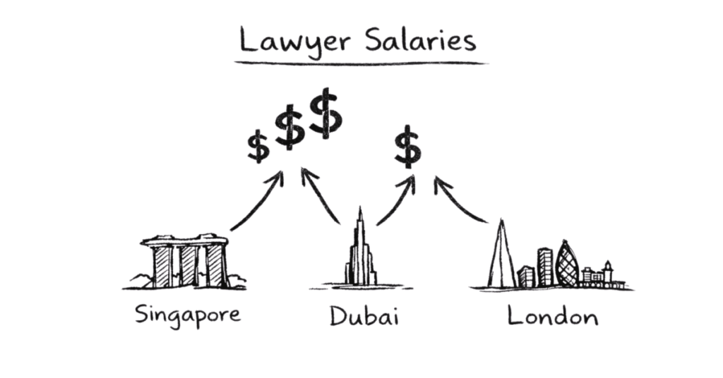 Napkin style comparison of lawyer salaries across global legal markets like Singapore, Dubai, London and India