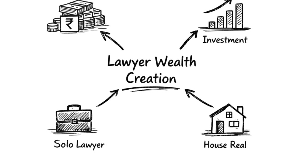 Napkin style illustration explaining wealth creation strategies for lawyers including investments and financial planning