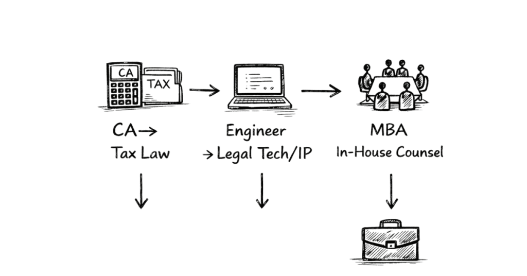 Napkin sketch explaining different professional pathways to enter the legal industry