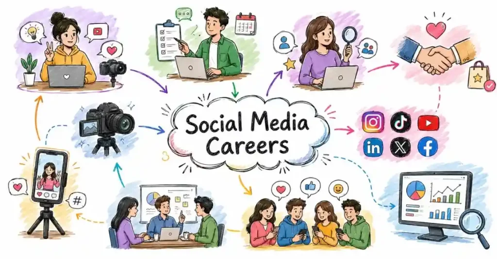 social media career paths including creator, manager, and influencer marketing roles