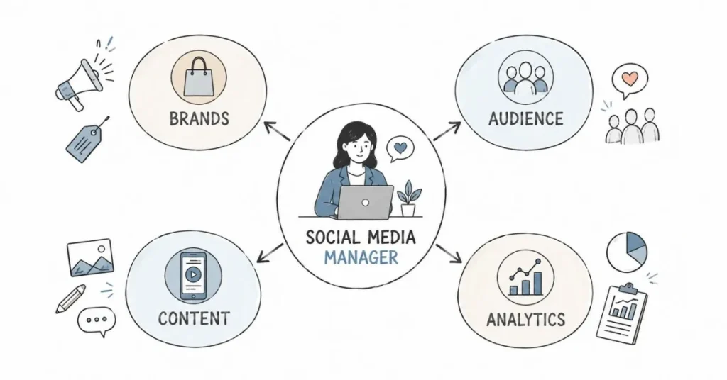 Social media manager role connecting brands, content, audience engagement, and analytics through a visual workflow infographic.
