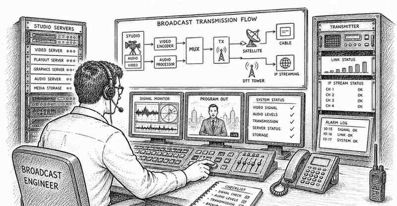 "Broadcast engineer monitoring television transmission systems and studio technology"