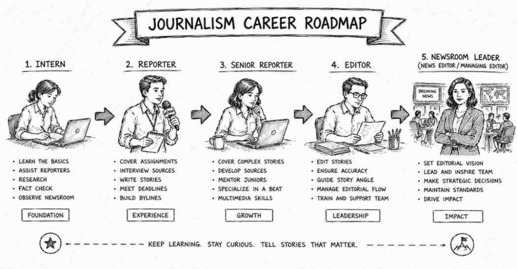 "Journalism career roadmap from intern reporter editor to newsroom leadership roles"