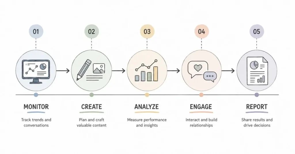 Daily routine of a social media manager including content creation, engagement, analytics review, and reporting tasks.