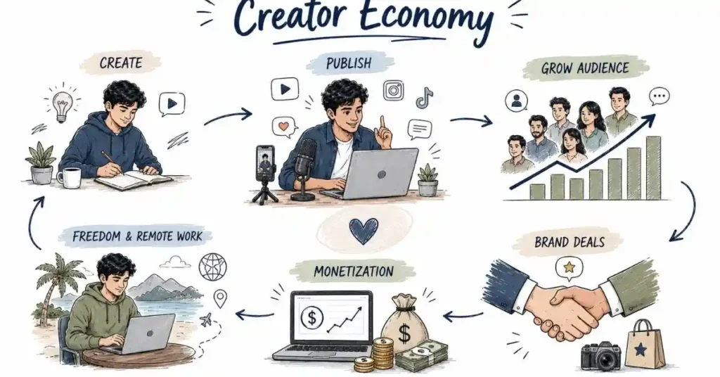 Creator economy infographic showing content creation, brand collaborations, monetization, audience growth, and remote work.