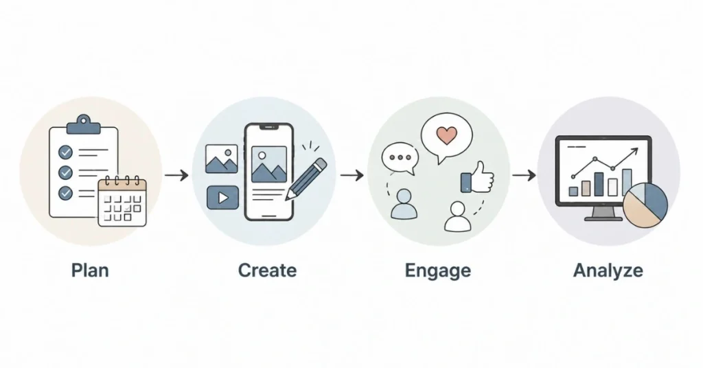 Core responsibilities of social media managers including planning, content creation, audience engagement, and analytics.